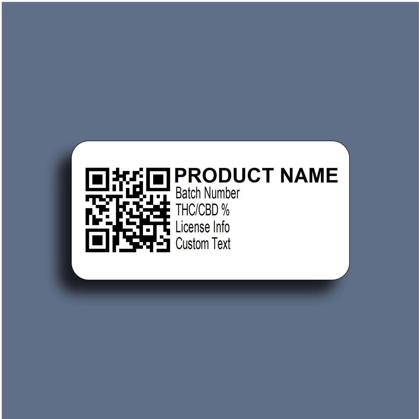 Cannabis CoV compliance QR Code label with product name and custom text