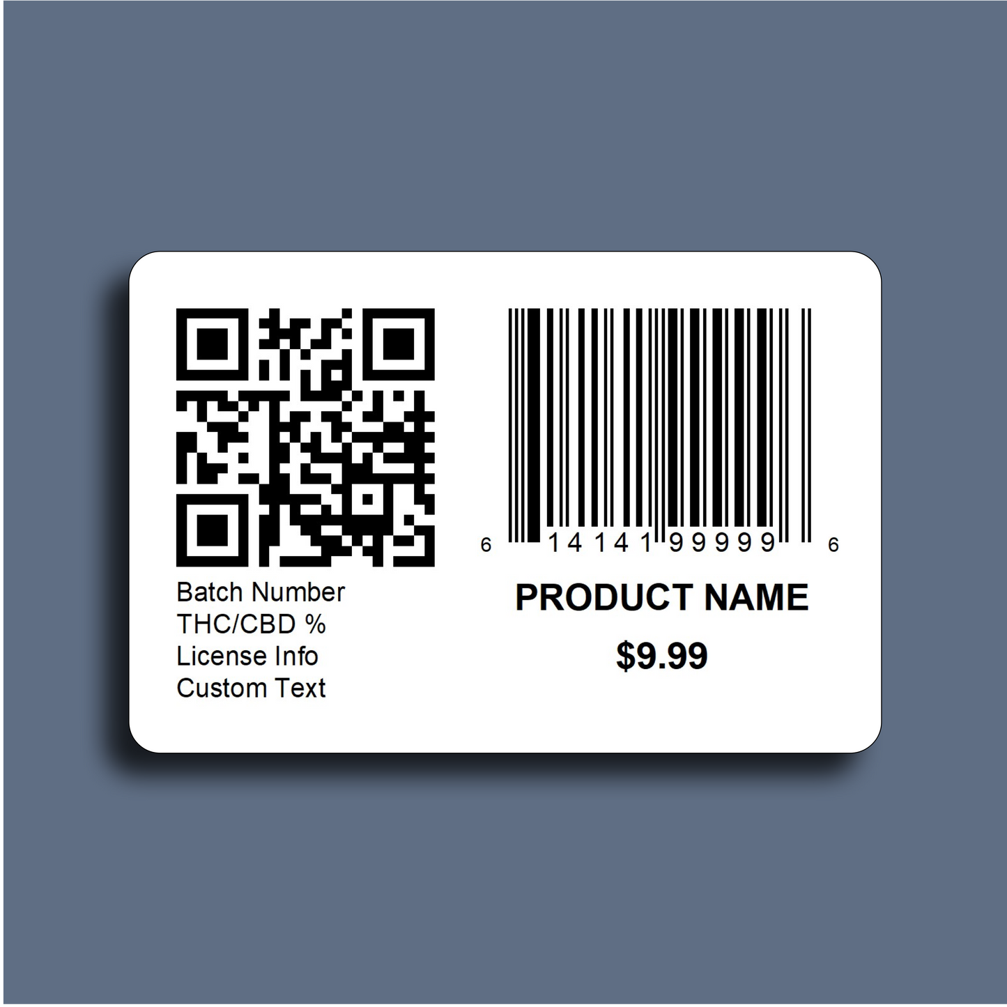 Cannabis CoV compliance QR code label with UPC code and custom details
