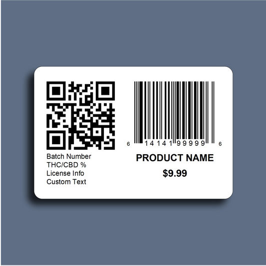 Cannabis CoV compliance QR code label with UPC code and custom details
