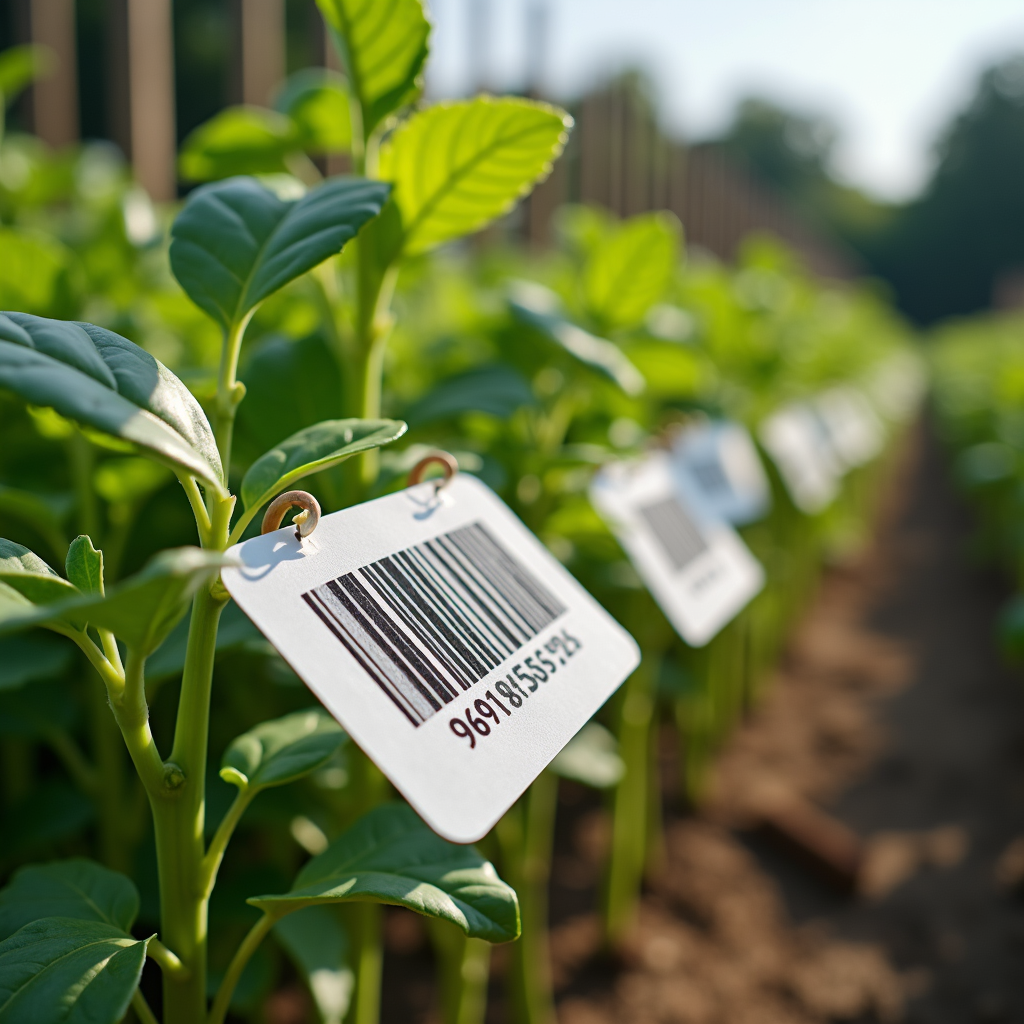 Row of plants with barcode labels in an outdoor garden or farm setting