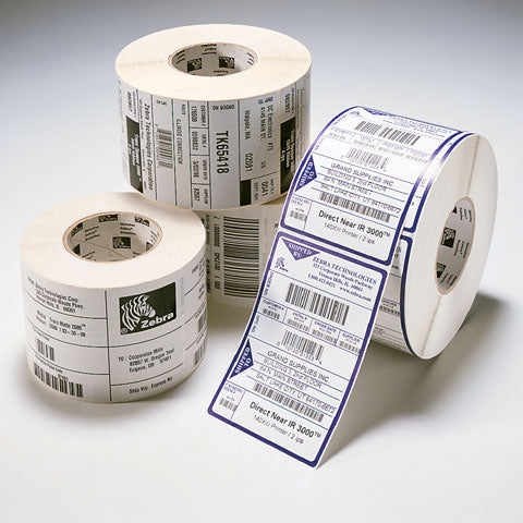 Three rolls of Zebra barcode label on a white background