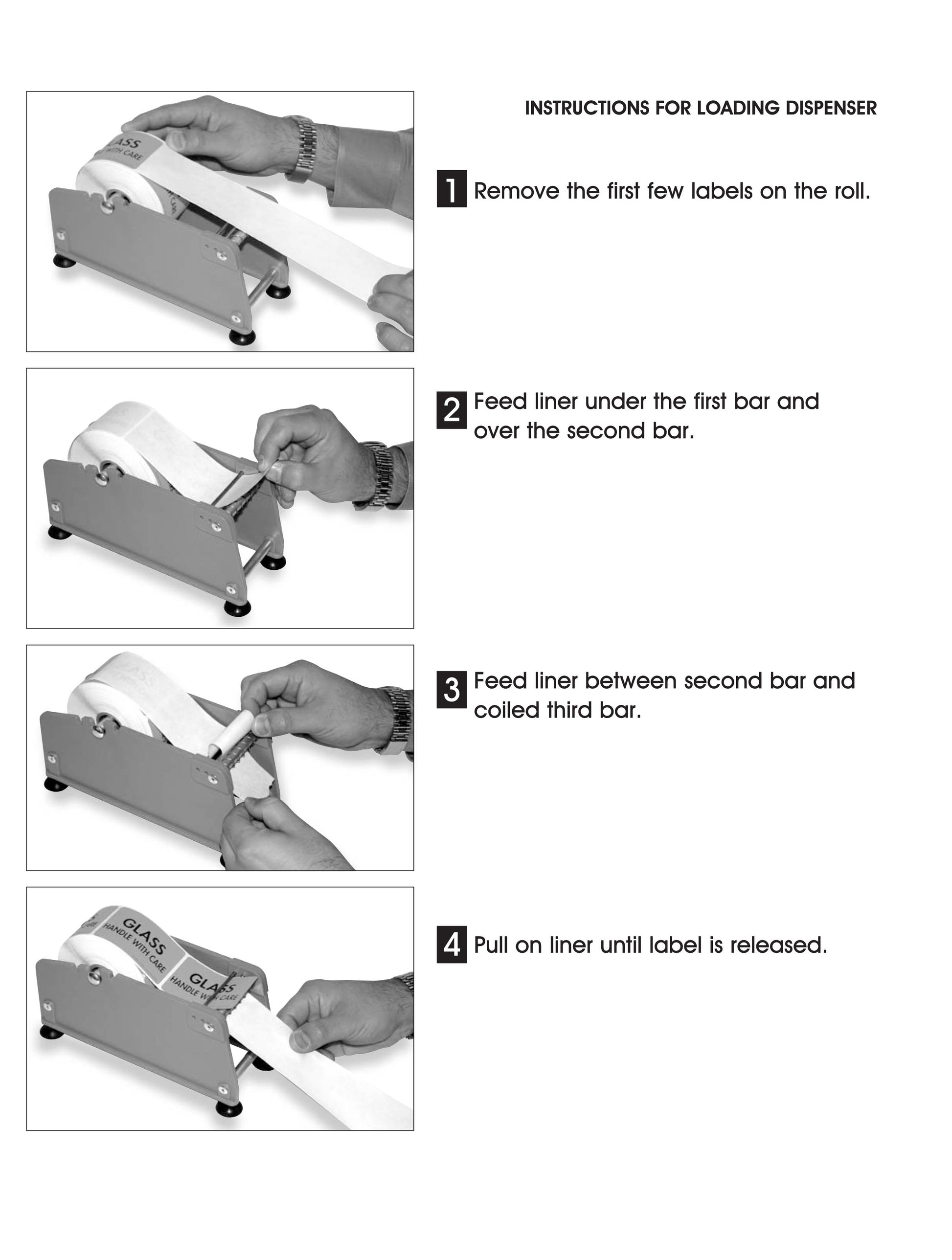 Instructions for loading a manual label dispenser with step-by-step illustrations.