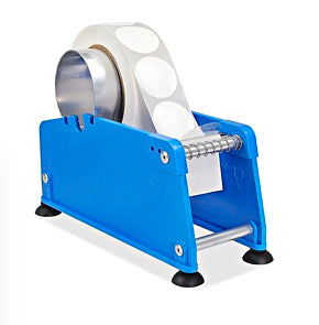 Manual label dispenser with a roll of labels on a white background
